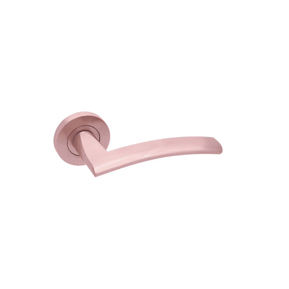 Rose gold door handle with curved lever on round backplate, side view