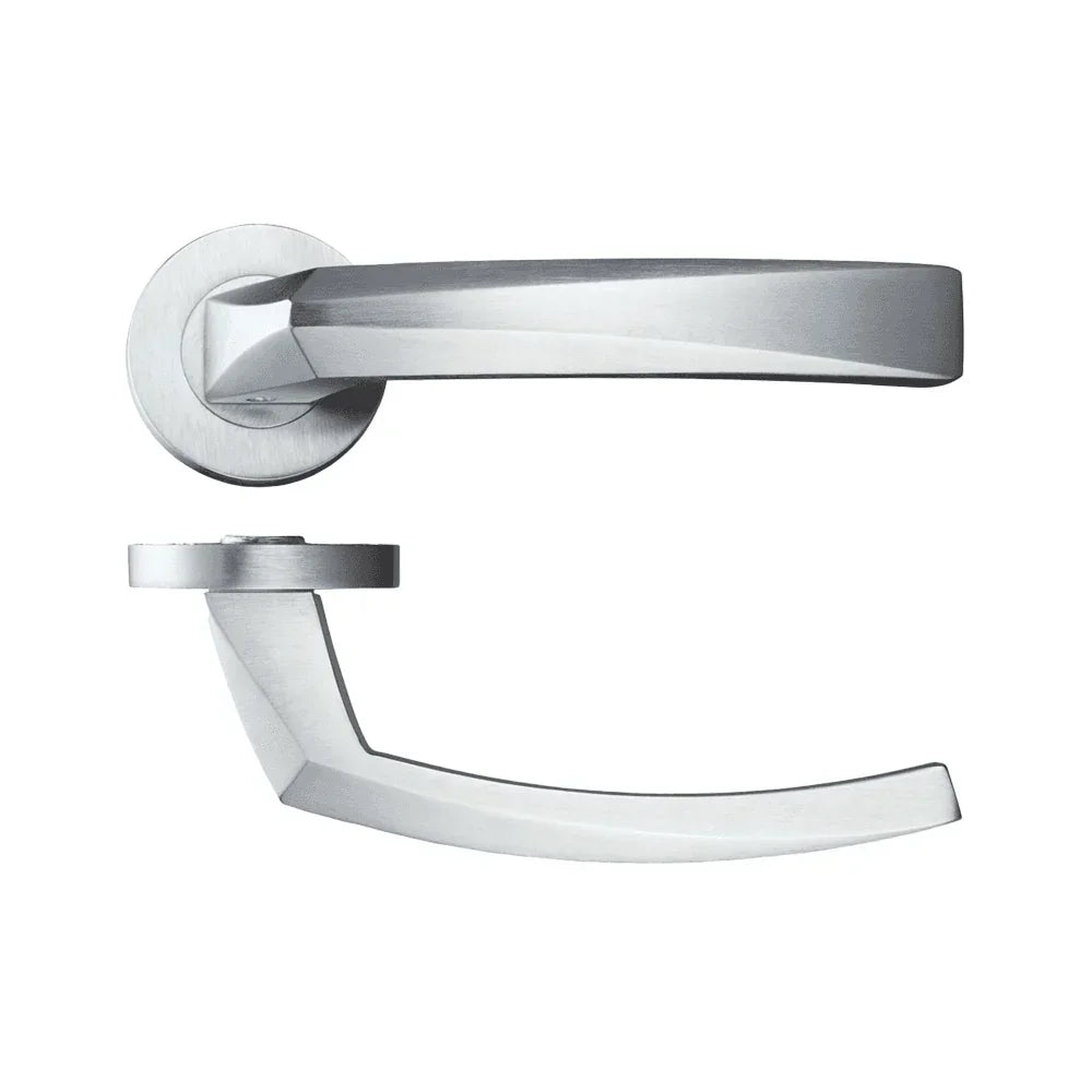Brushed metal door handle set with angular design, shown from front and side angles