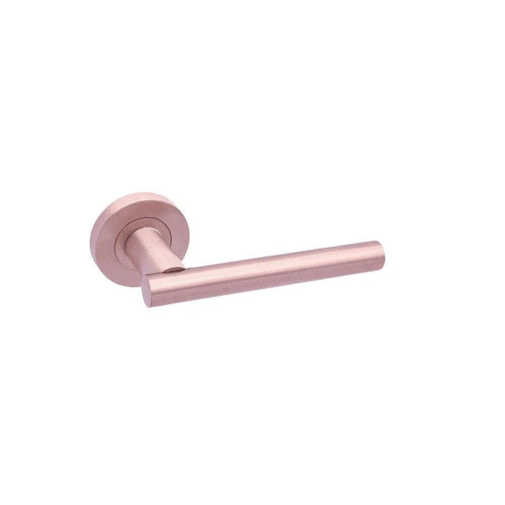 Rose gold door handle with round backplate, modern minimalist design