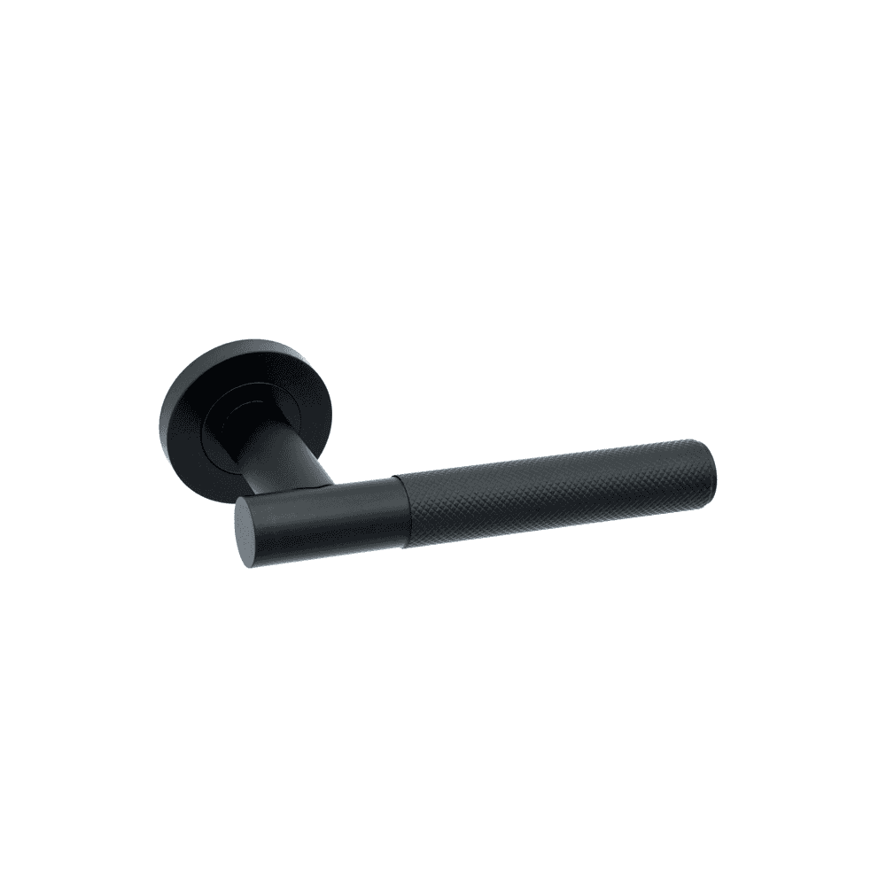 Black metal door handle with textured grip and round base