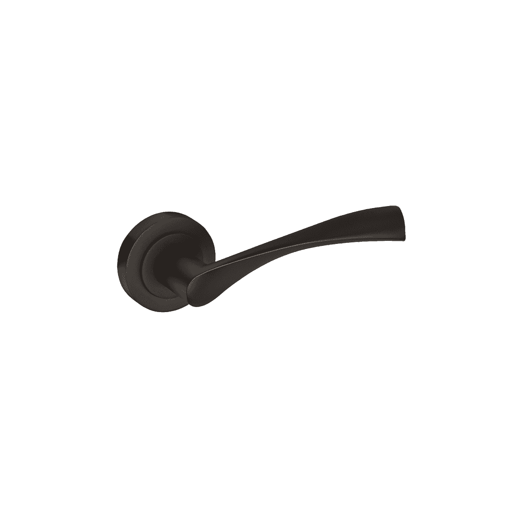 Matte black door handle with curved lever and round rosette, side profile view