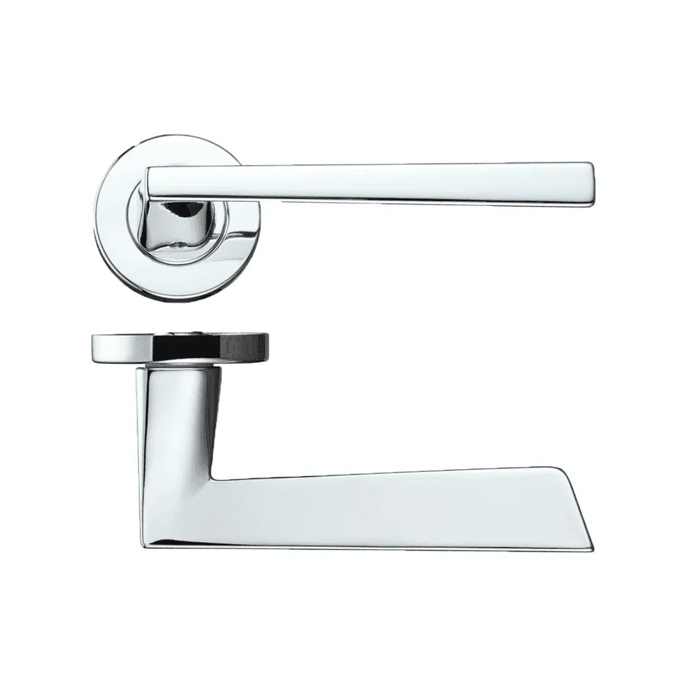 Modern chrome door handle with round rose, side and front views on white background