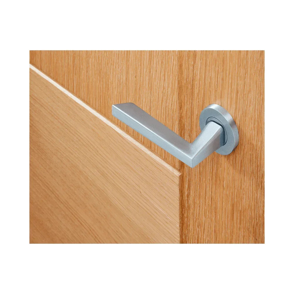 Modern silver door handle on light oak wooden door