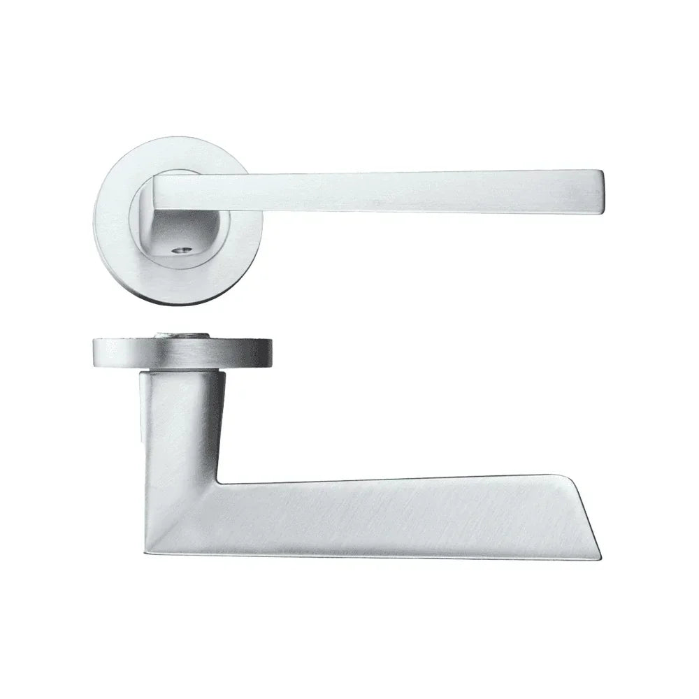 Satin chrome door handle set with square lever design on circular rose