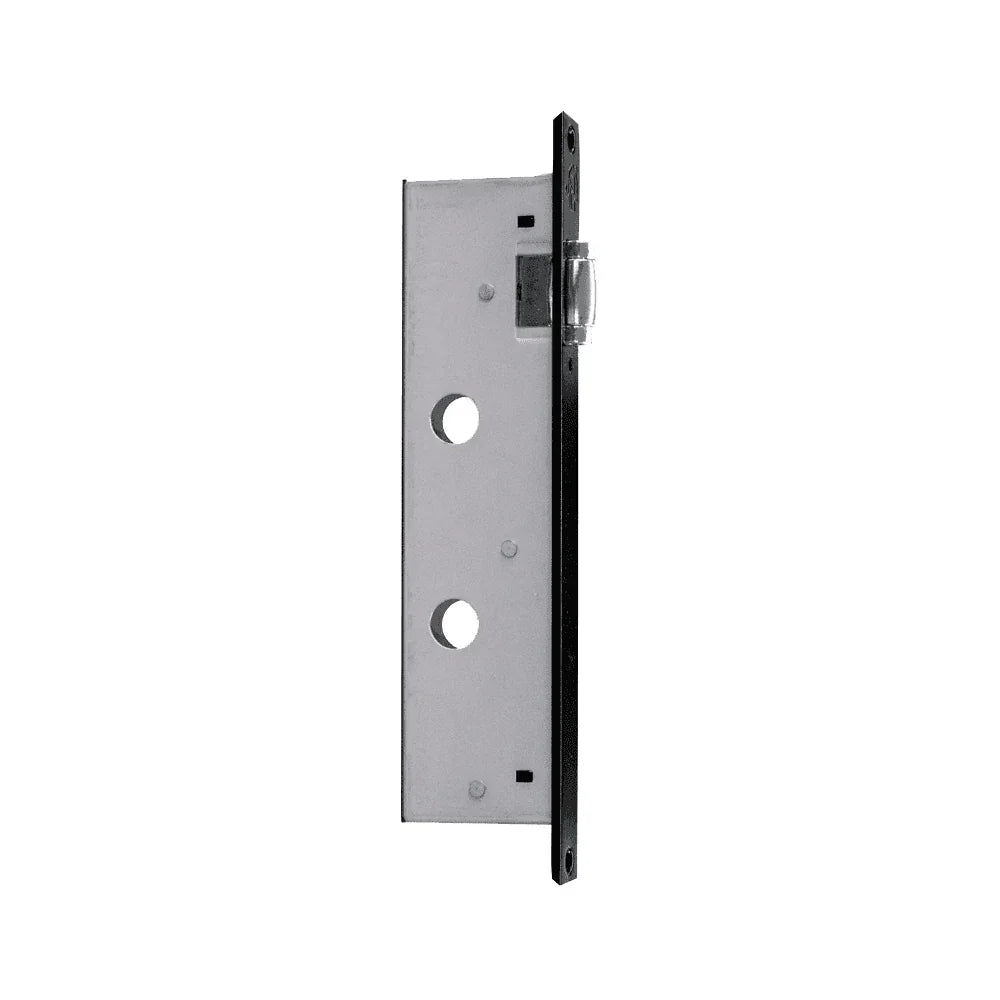 Silver mortice lock body with black faceplate shown in side profile