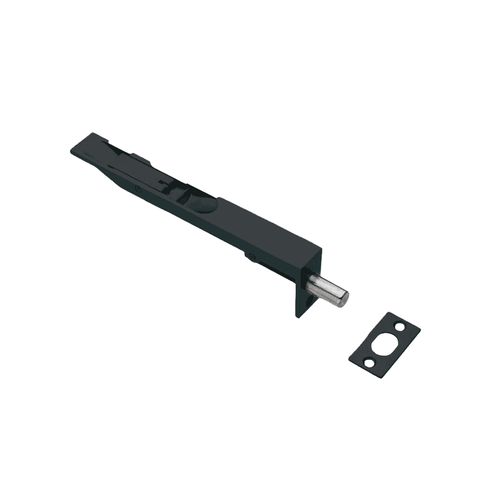 Black metal door bolt with rectangular strike plate for secure locking