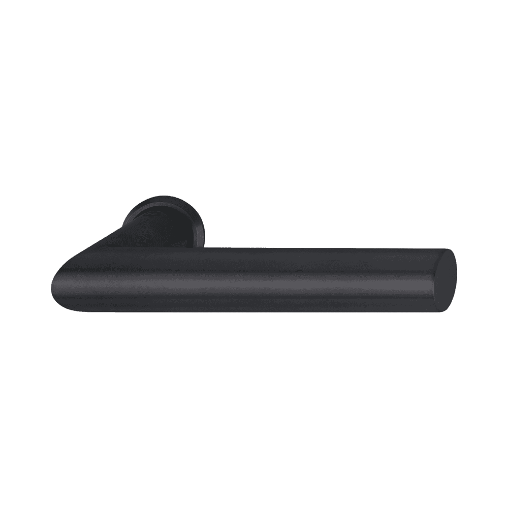 Matte black door handle with round base, modern lever design, side view
