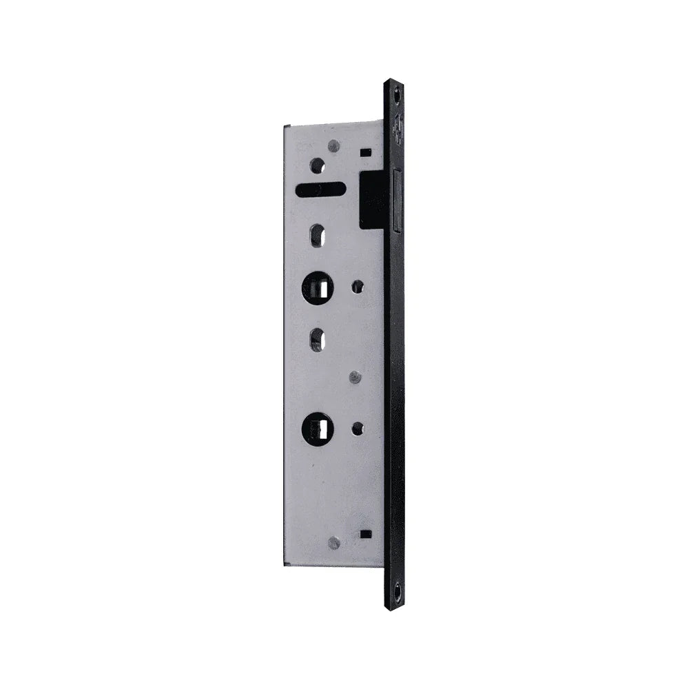 Steel mortice lock case with keyhole and bolt slots, side profile view