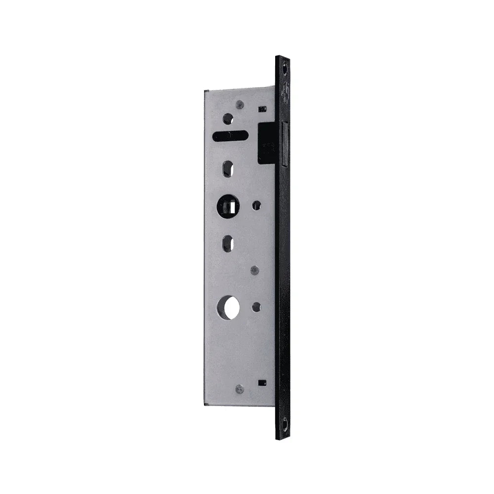 Silver metal mortice door lock case with multiple cutouts and black edge profile
