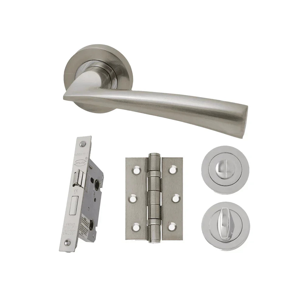 Satin nickel door handle set with lock, hinge, and turn thumb lock components