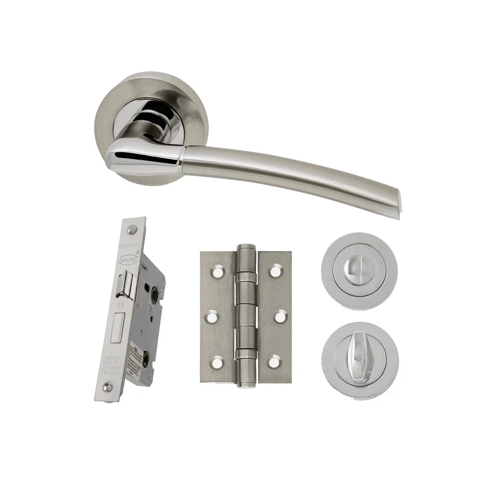 Satin nickel door handle set with lock, hinge, and thumb turn components