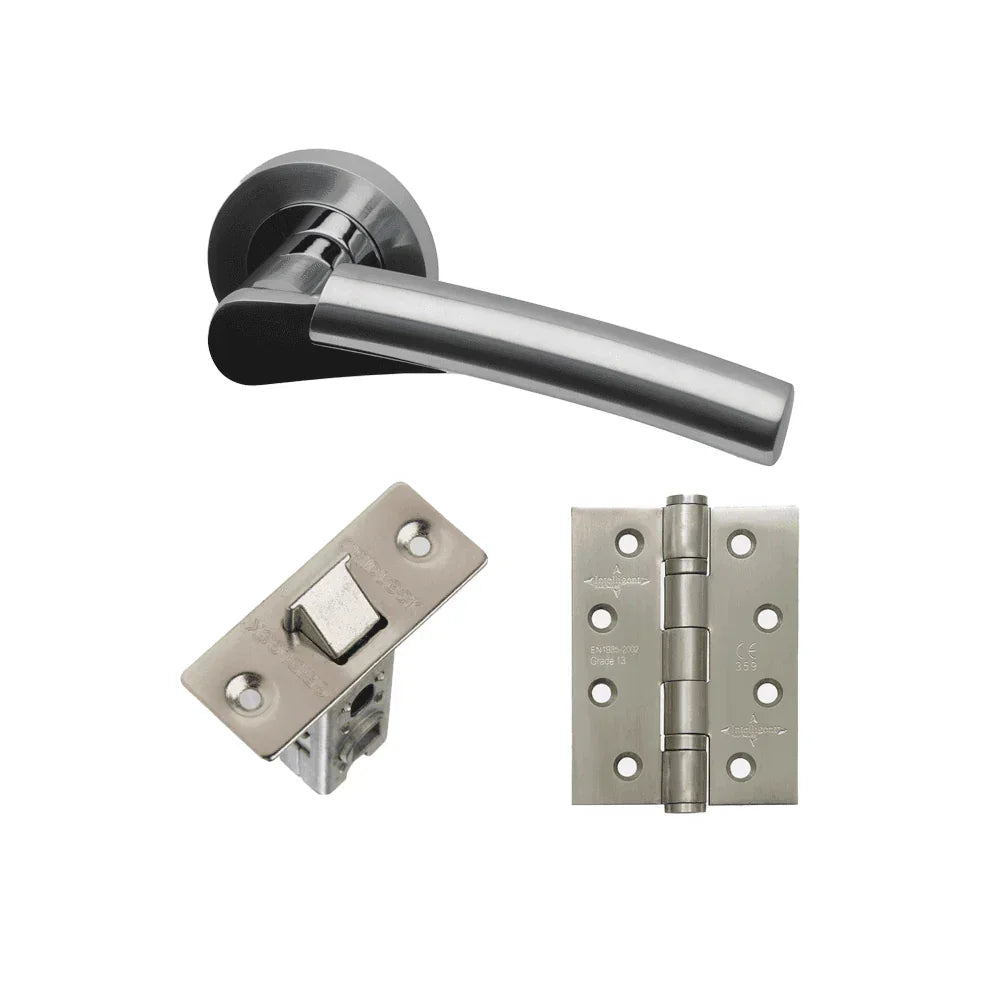 Satin chrome door handle set with latch and hinge, modern lever design