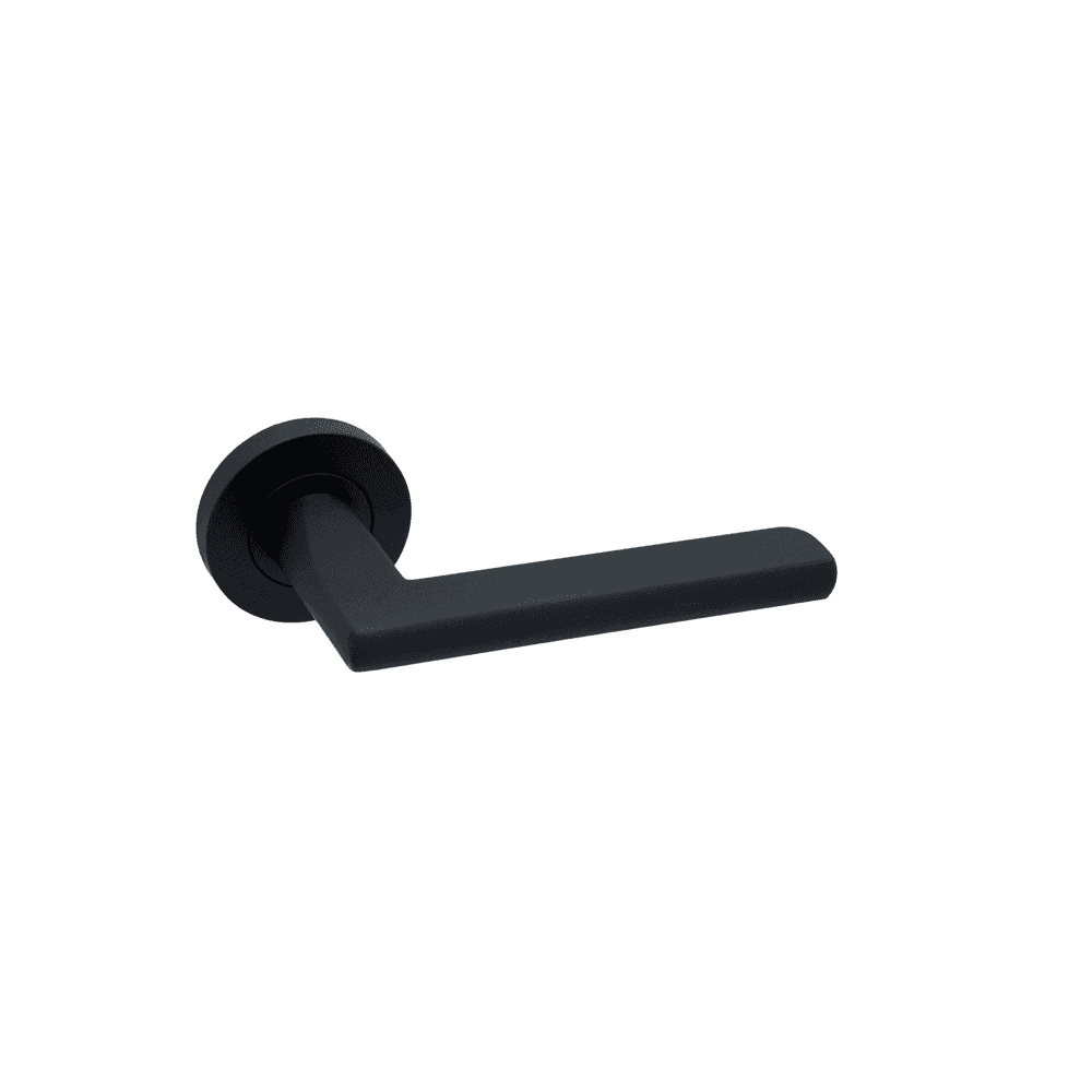 Matte black door handle with round backplate, modern square lever design