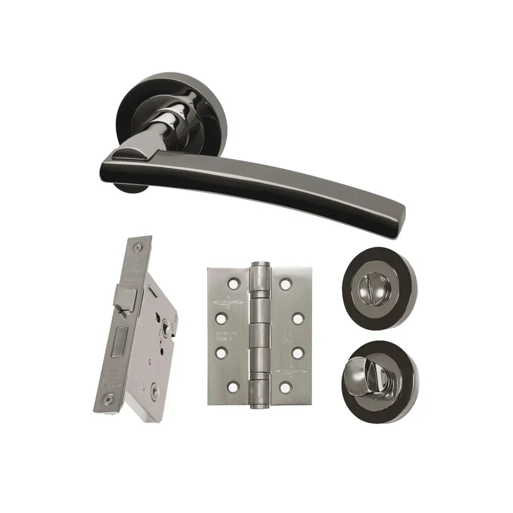 Black nickel door handle set with latch, hinge, and privacy lock on white background