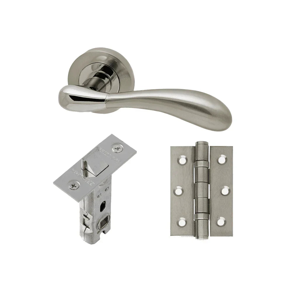 Brushed nickel door handle set with latch and matching door hinge on white background