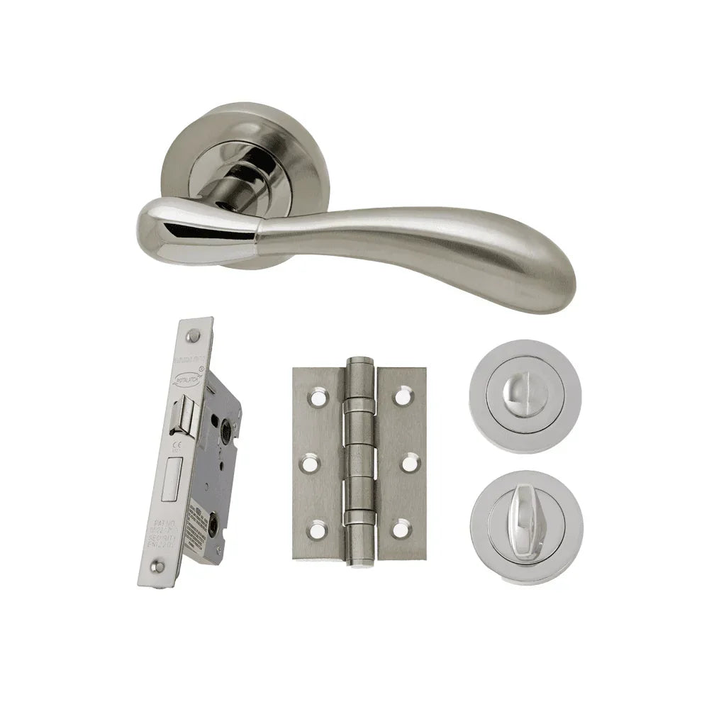 Brushed nickel door handle set with hinge, bathroom lock, and privacy thumbturns