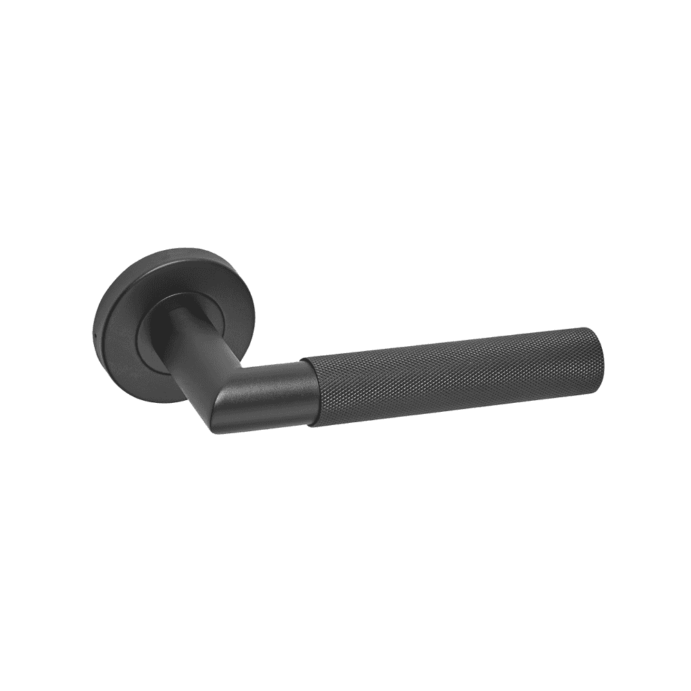 Black textured door handle with round backplate, modern metal finish