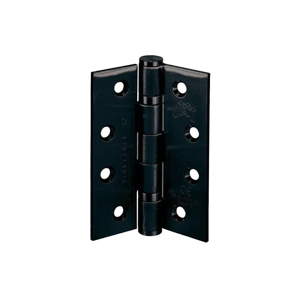 Black door hinge with eight screw holes and smooth satin finish, open to display both sides