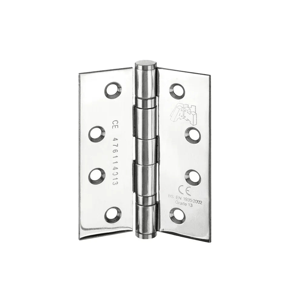 Stainless steel door hinge with six screw holes, open and displayed on white background