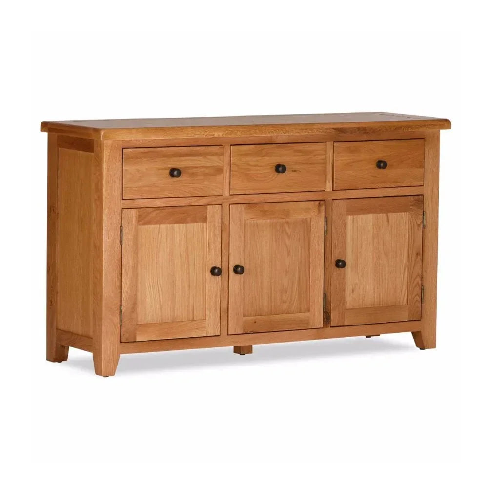 Oak sideboard with three drawers and three cupboard doors, black knobs, front view