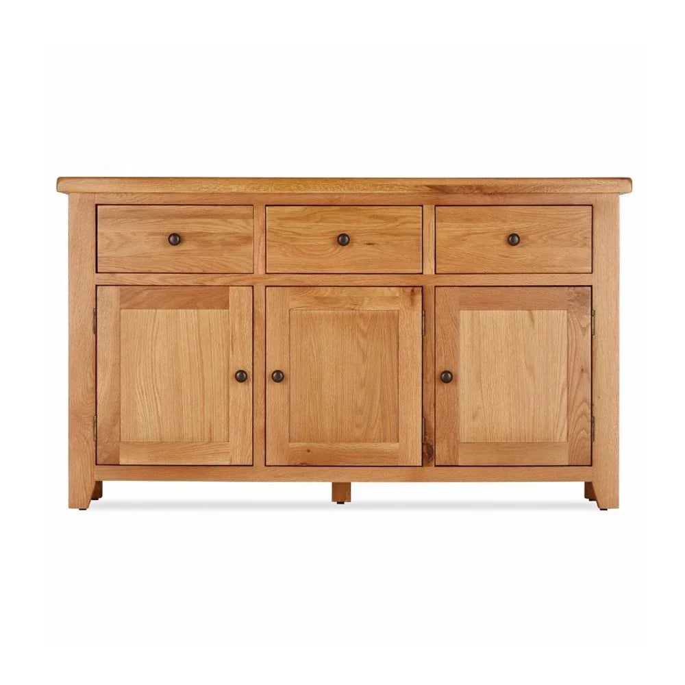 Oak sideboard with three drawers and three doors, natural wood finish, front view