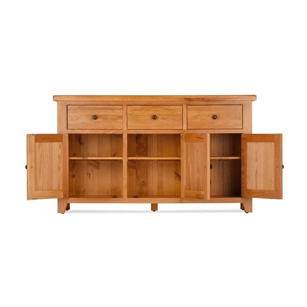 Oak sideboard with three drawers and three open cabinet doors showing storage shelves