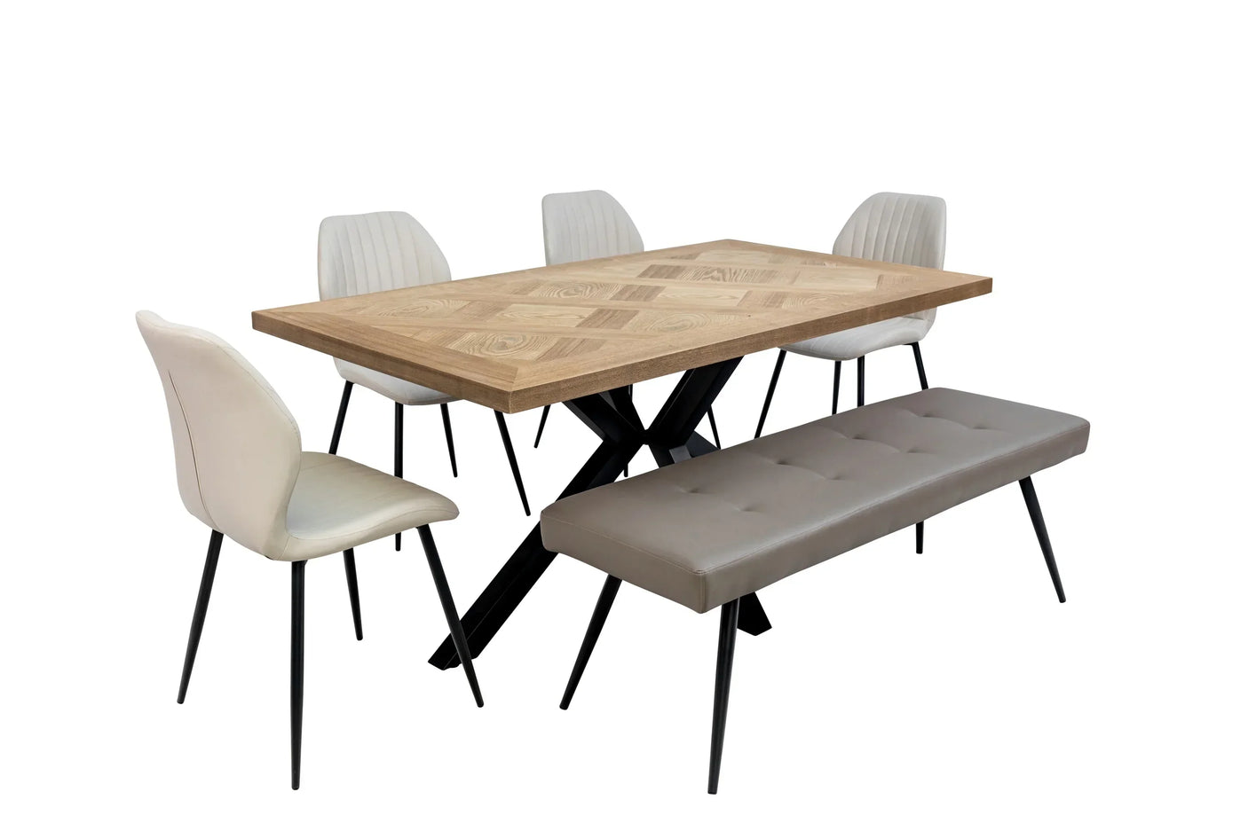 Oak dining table with metal legs, four grey chairs and a matching bench seat