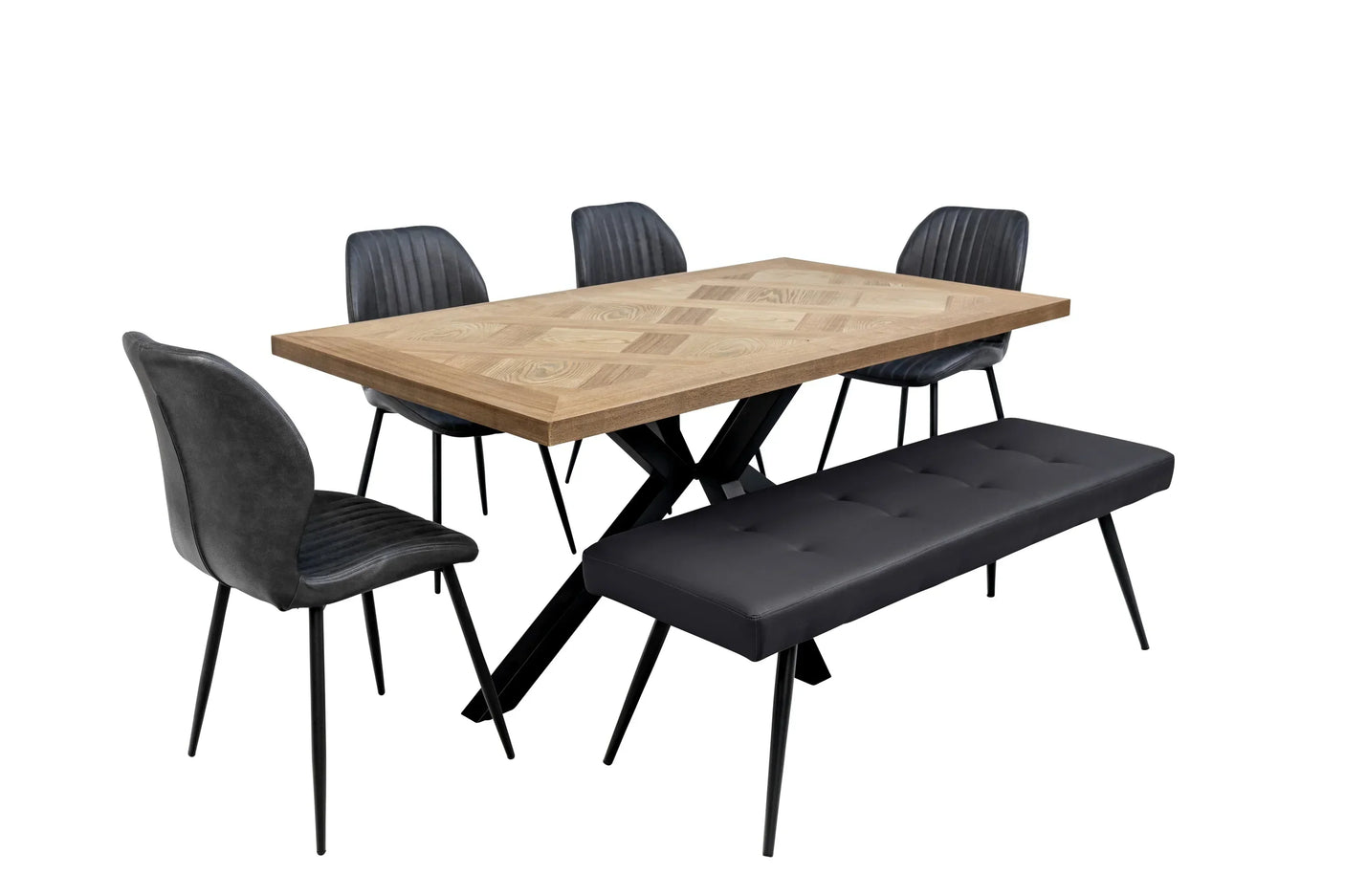 Rectangular oak dining table set with four black chairs and matching black bench