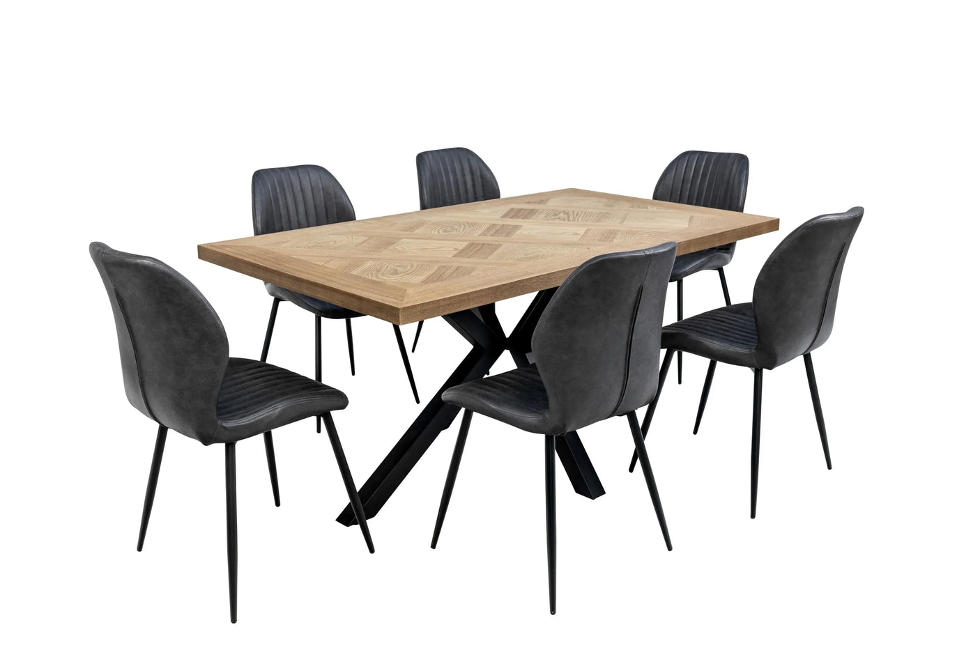 Rectangular wooden dining table with geometric top and six black upholstered dining chairs