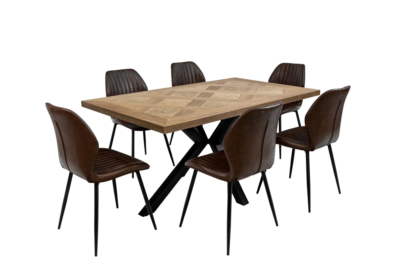 Rectangular wood dining table with six brown leather chairs and black metal legs