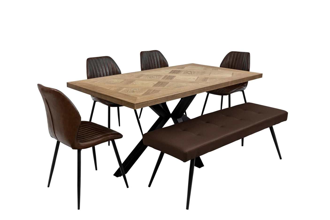 Wood dining table with metal legs, four brown chairs and matching bench seating set