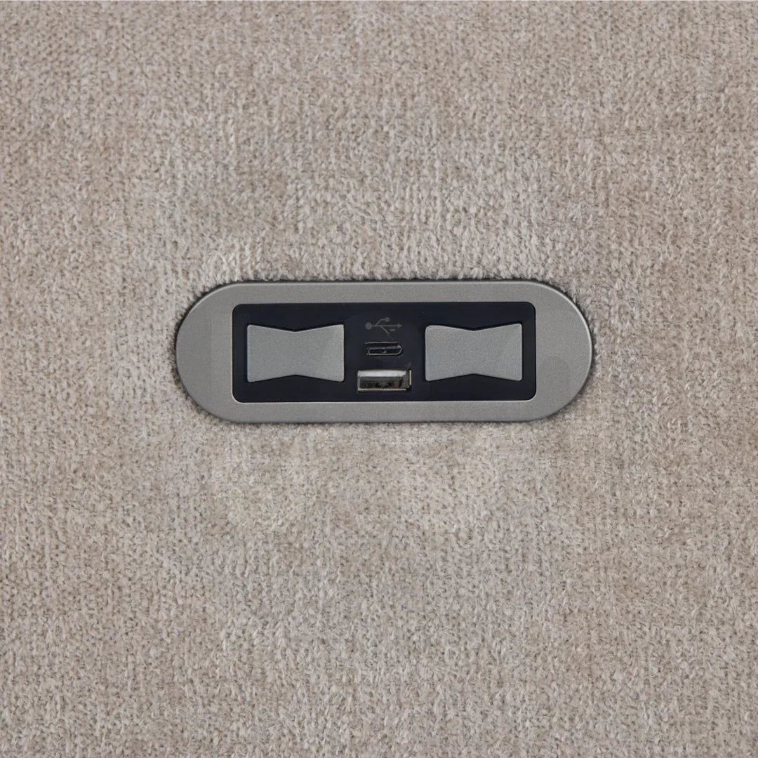 Beige power bed sectional built-in USB charging port on fabric upholstery