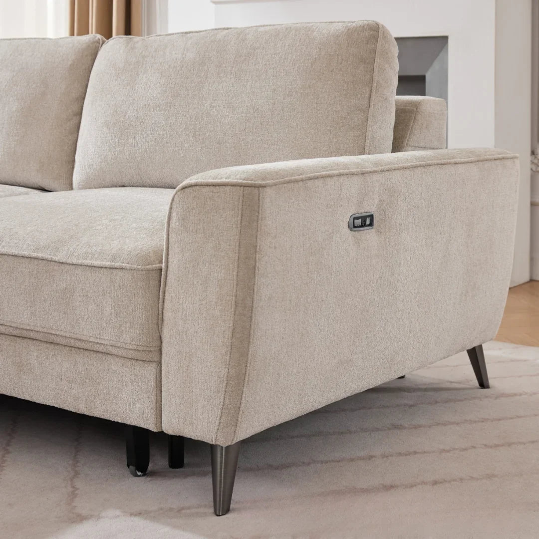 Beige fabric power bed sectional sofa with wide armrest and dark tapered legs