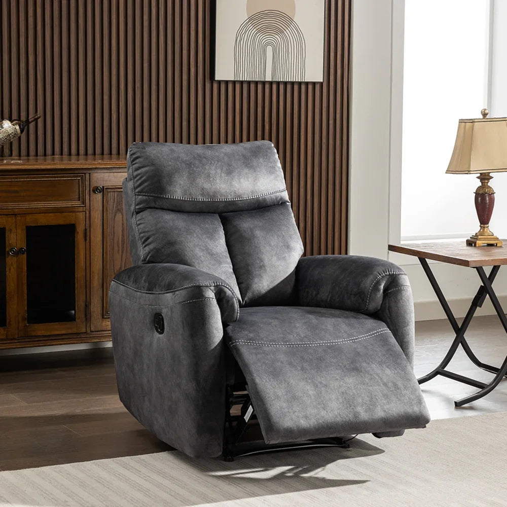 Dark grey fabric recliner chair with footrest extended in modern living room setting