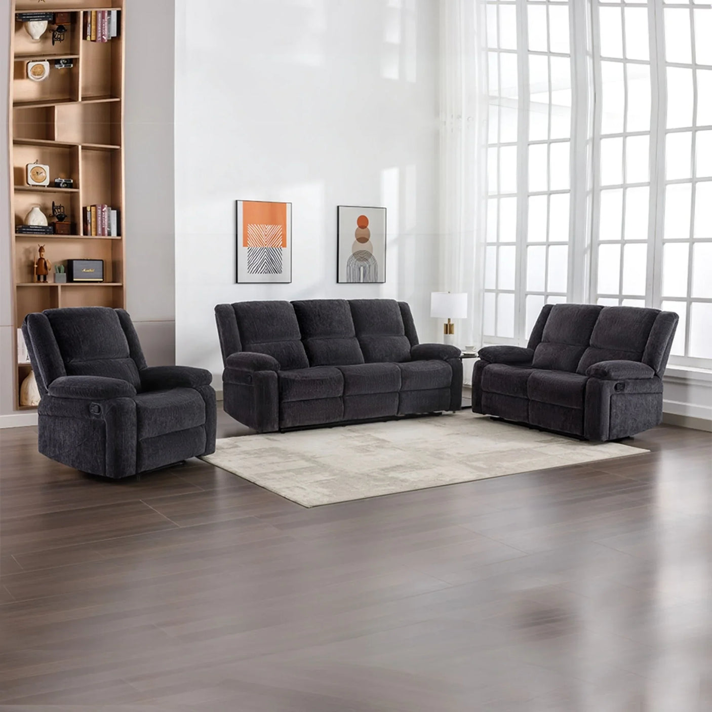 Charcoal fabric 3-piece recliner sofa set in modern living room with large windows
