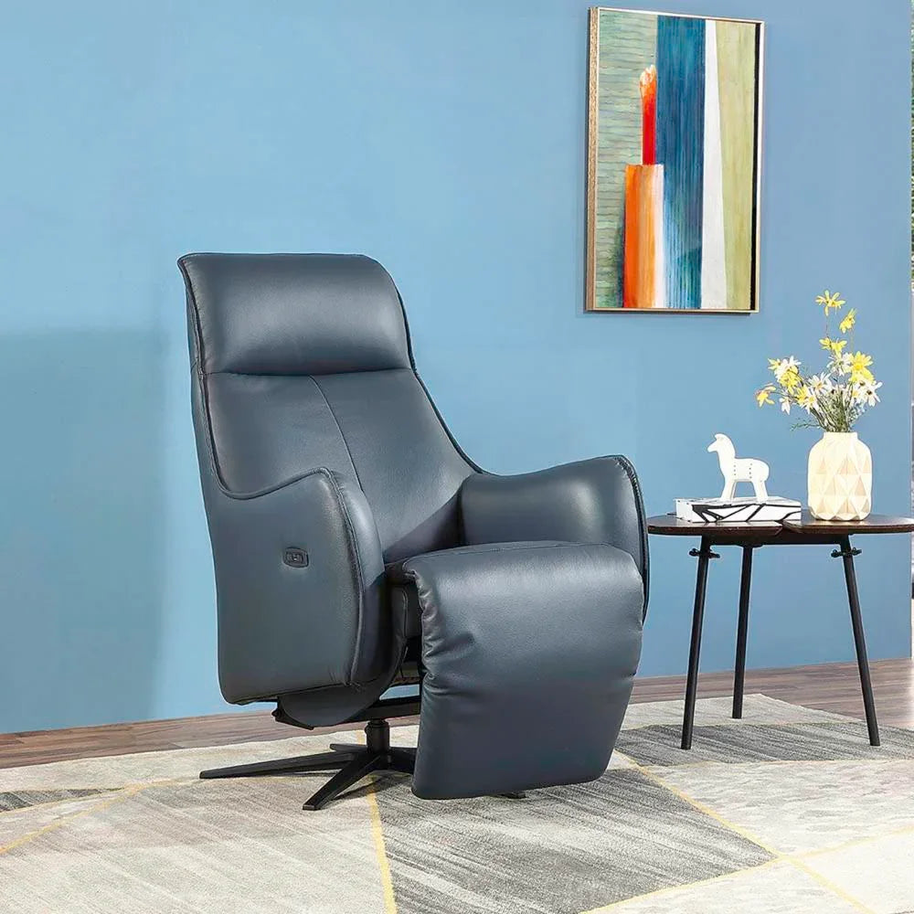 Sapphire blue electric recliner chair with high backrest in modern living room setup