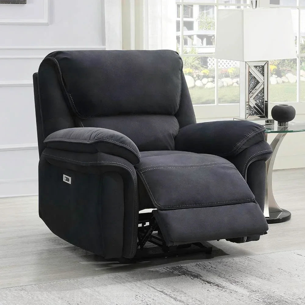 Bowery ink fabric recliner armchair with footrest extended in living room setting