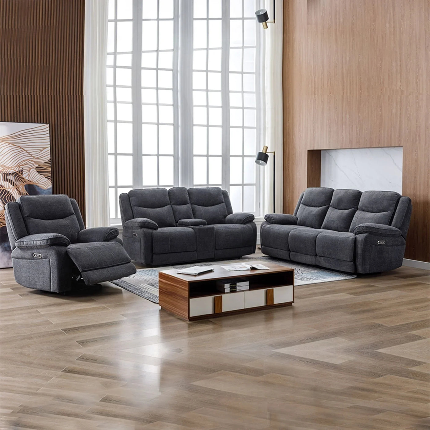 Dark grey electric recliner sofa set with wireless charging console in modern living room
