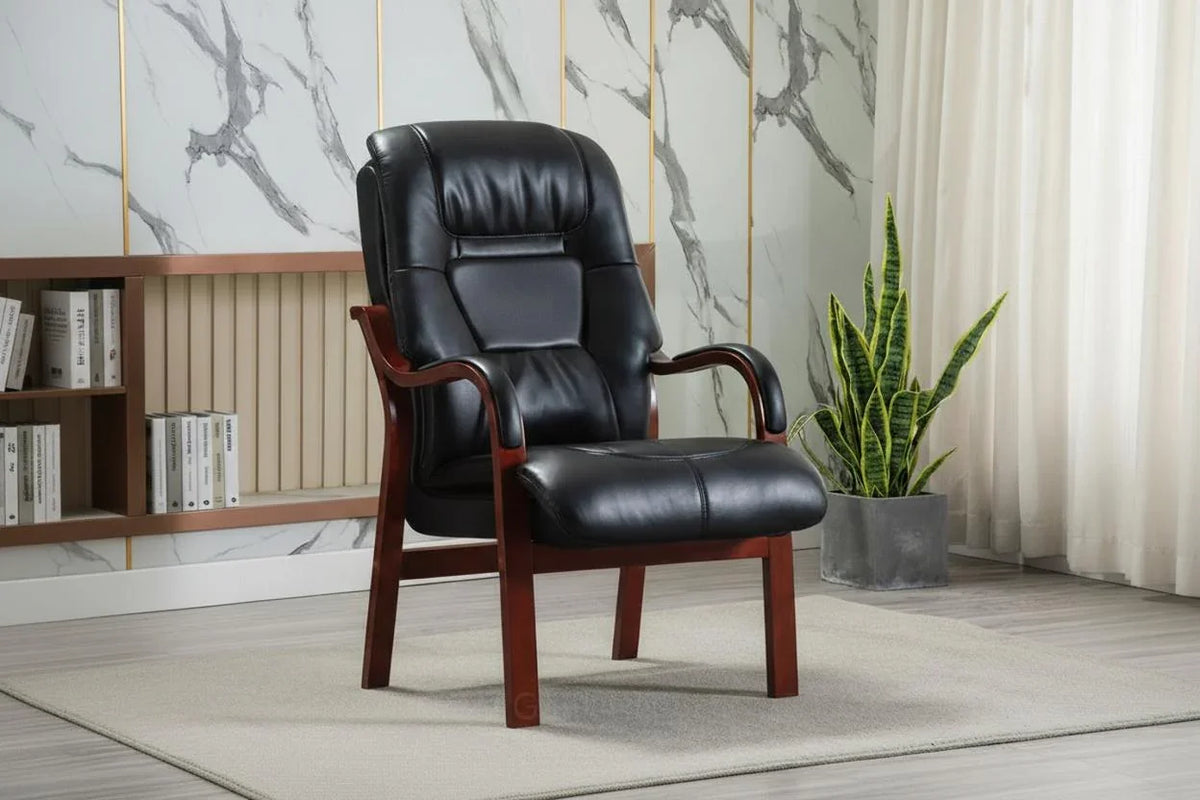 Black orthopedic chair with wooden frame on rug in modern living room