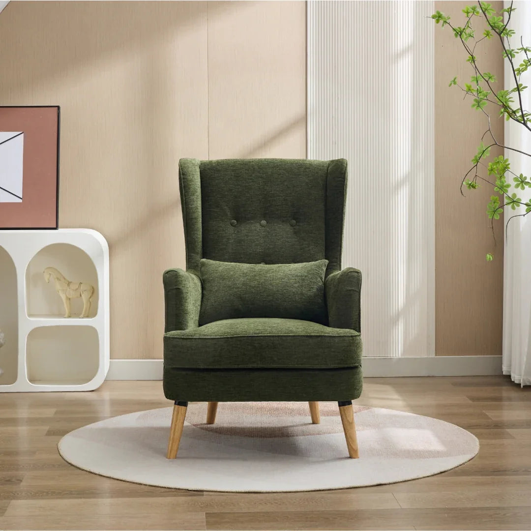 Green wingback chair with cushion on round rug in modern living room