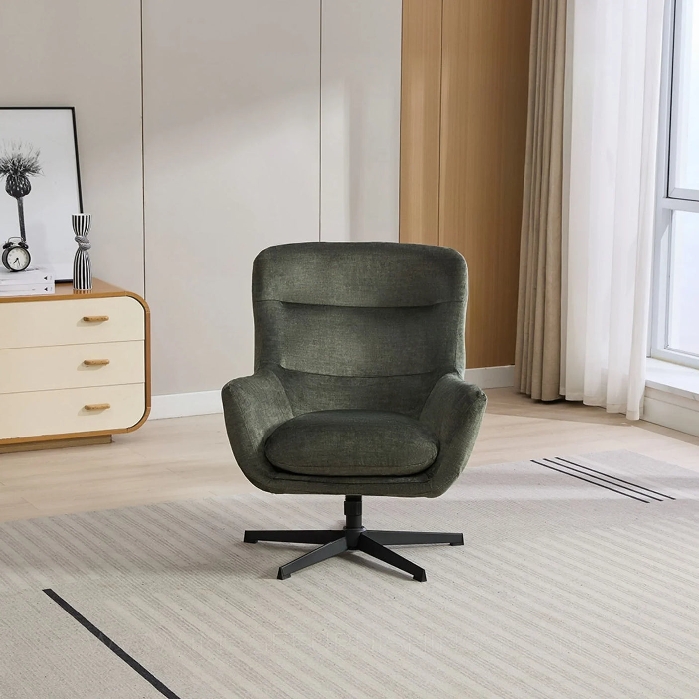 Winter moss swivel recliner chair with padded seat in modern living room