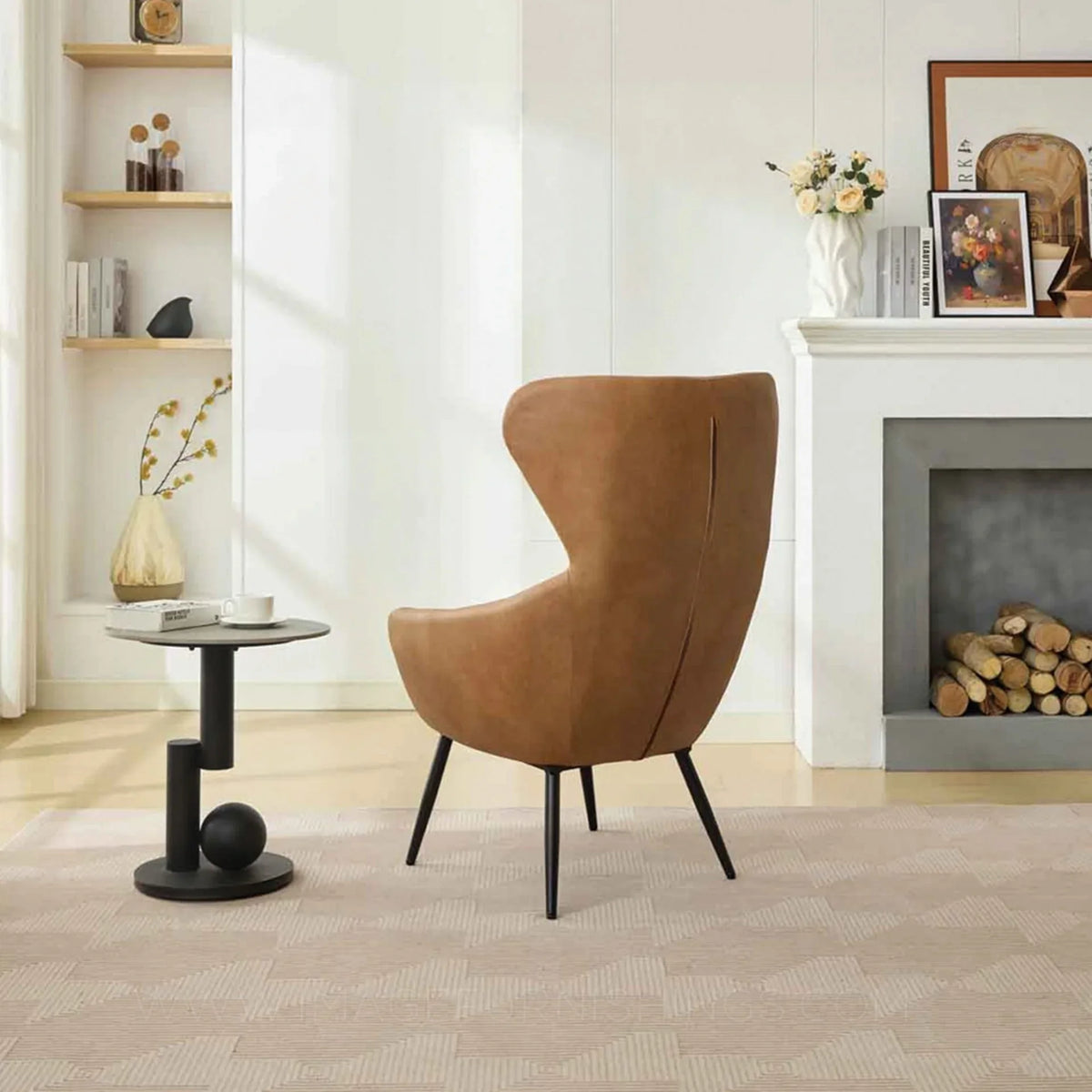 Chestnut accent chair with angled back in modern living room beside round black side table