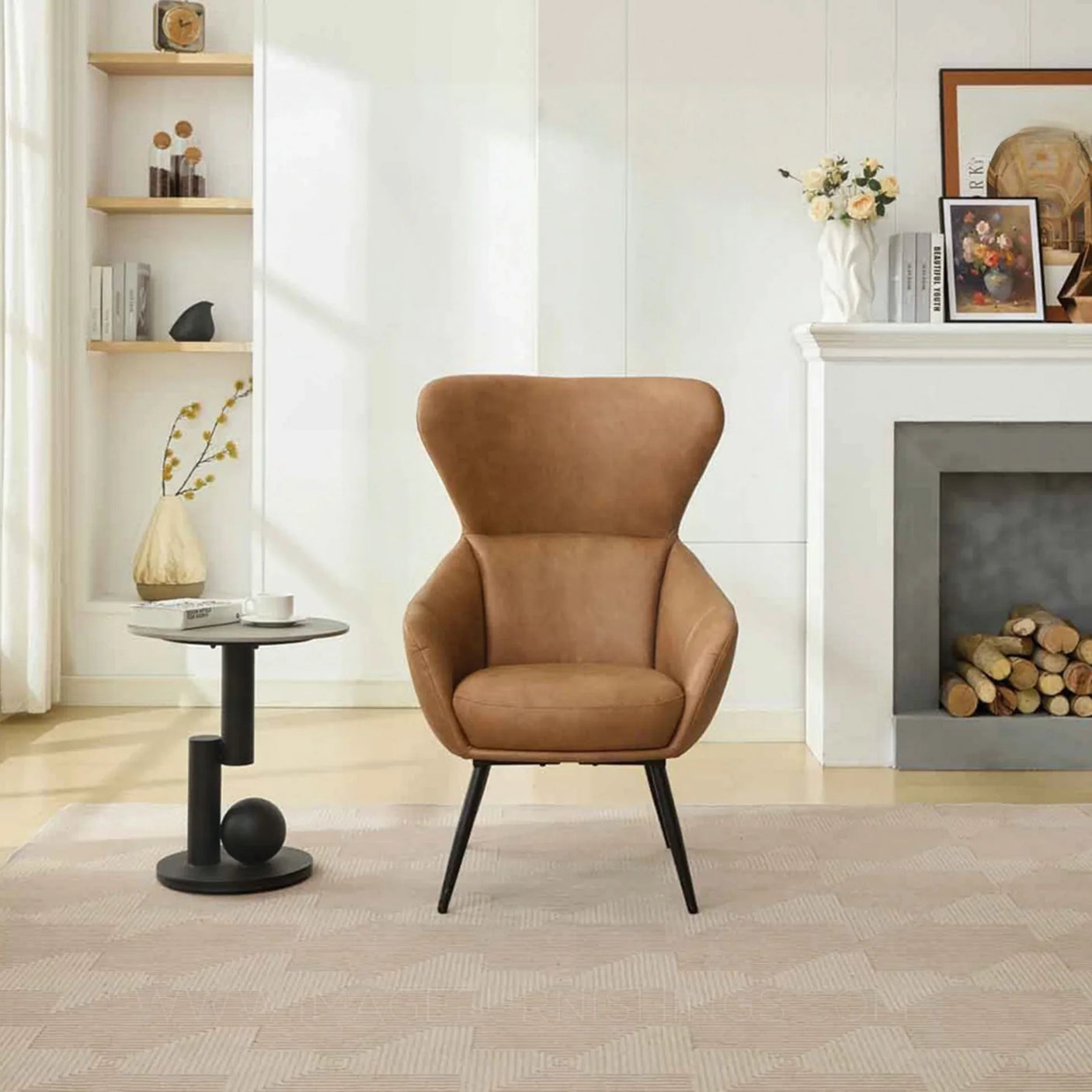 Chestnut accent chair with high back and black legs in modern living room setting