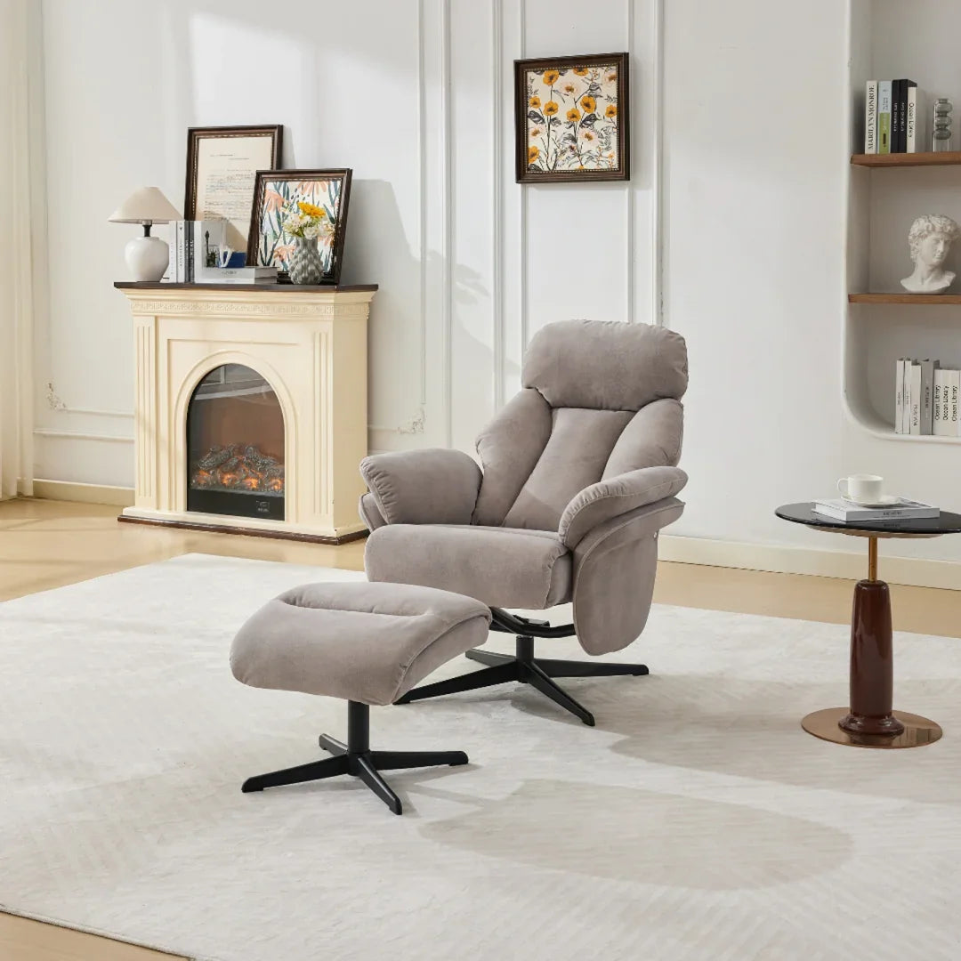 Oyster swivel leisure chair with matching footstool and black base in modern living room