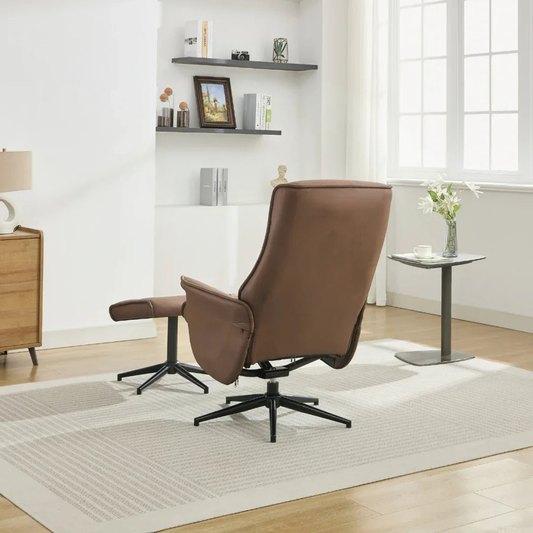 Brown swivel chair and matching footstool on cream rug in modern living room