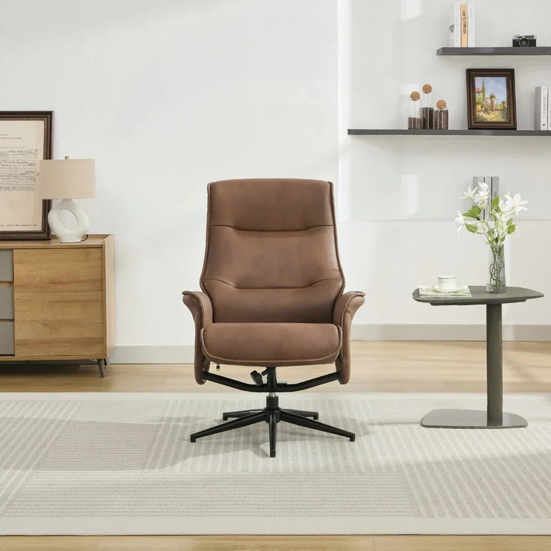 Brown swivel chair with cushioned seat on black base in modern living room setting
