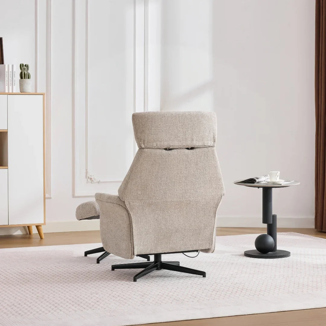 Mira swivel chair in oatmeal fabric on black base in modern living room, rear view