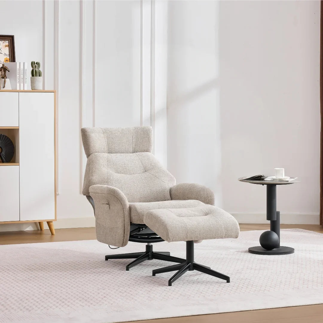 Oatmeal swivel chair and matching footstool with black metal legs in modern living room