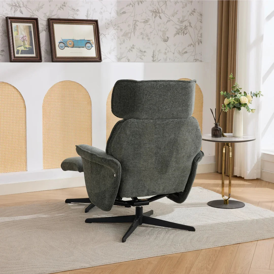 Reagan swivel leisure chair in winter moss fabric with black base shown from the back