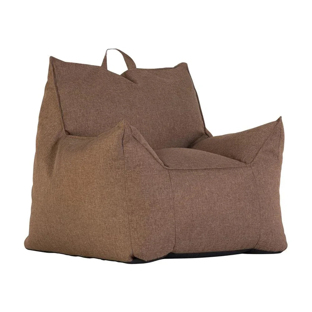 brown fabric bean chair with handle, supportive backrest and armrests, front side angle